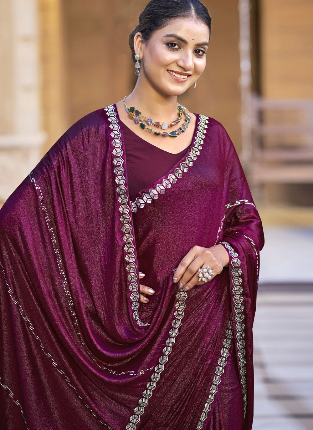 Classic Border Work Chiffon, Shimmer Saree - S9548