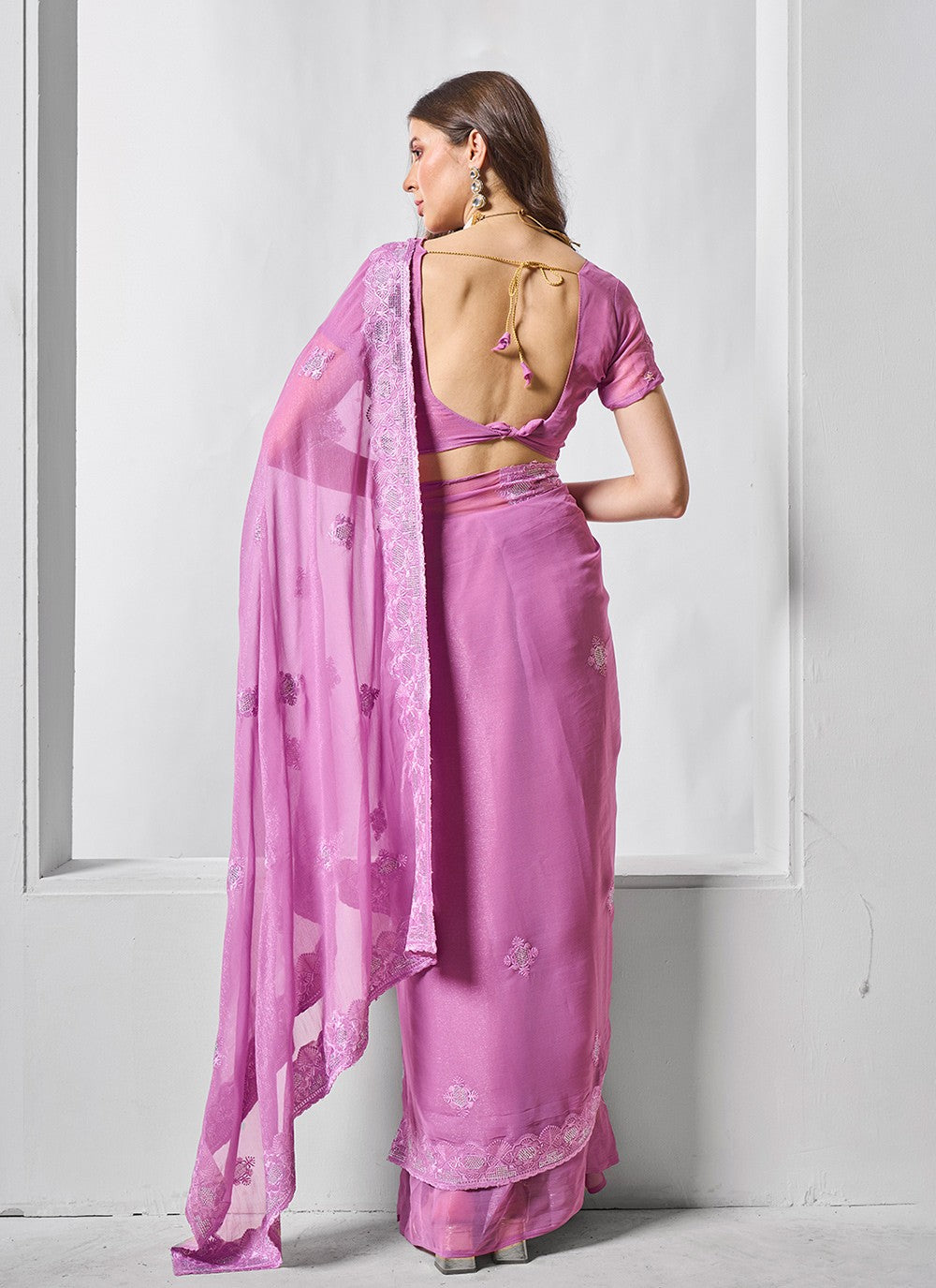 Classic Embroidered Net, Tissue Peach Saree - S10847