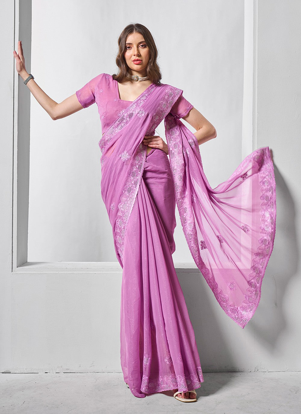 Classic Embroidered Net, Tissue Peach Saree - S10847