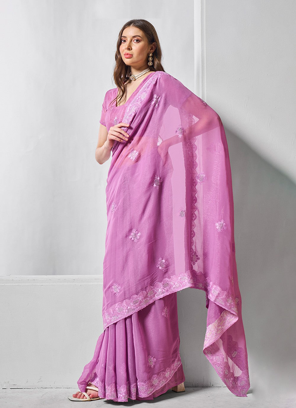 Classic Embroidered Net, Tissue Peach Saree - S10847