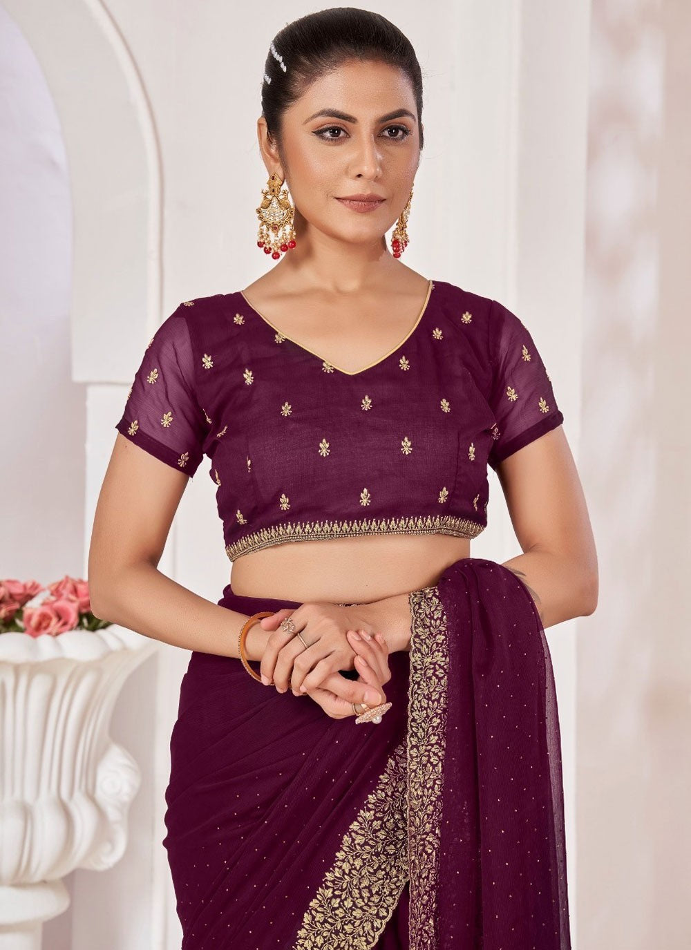 Classic Border Work Chiffon Saree - S8261