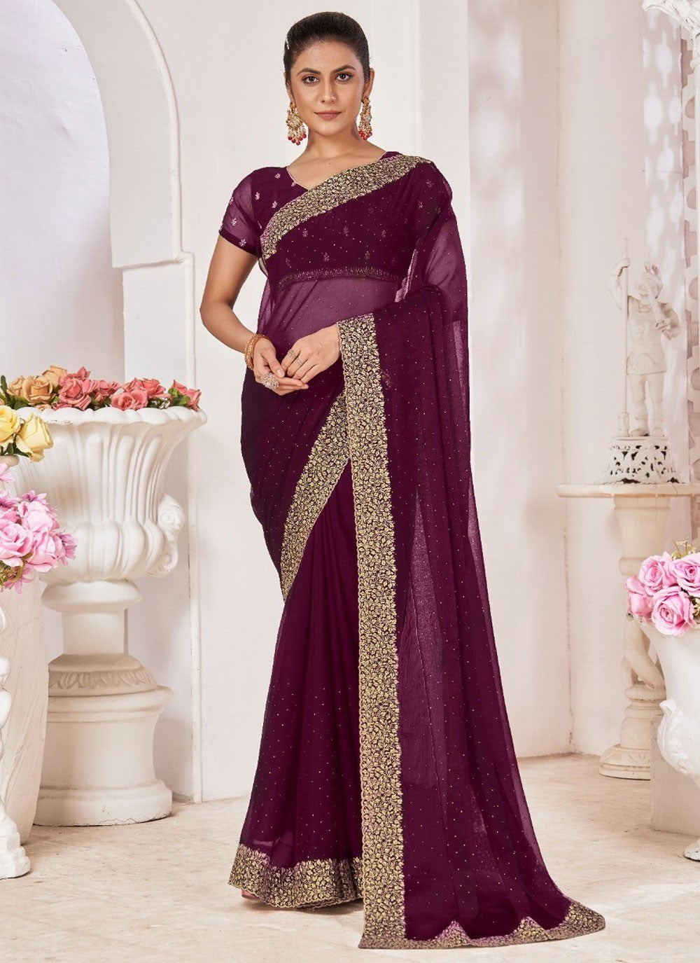 Classic Border Work Chiffon Saree - S8261