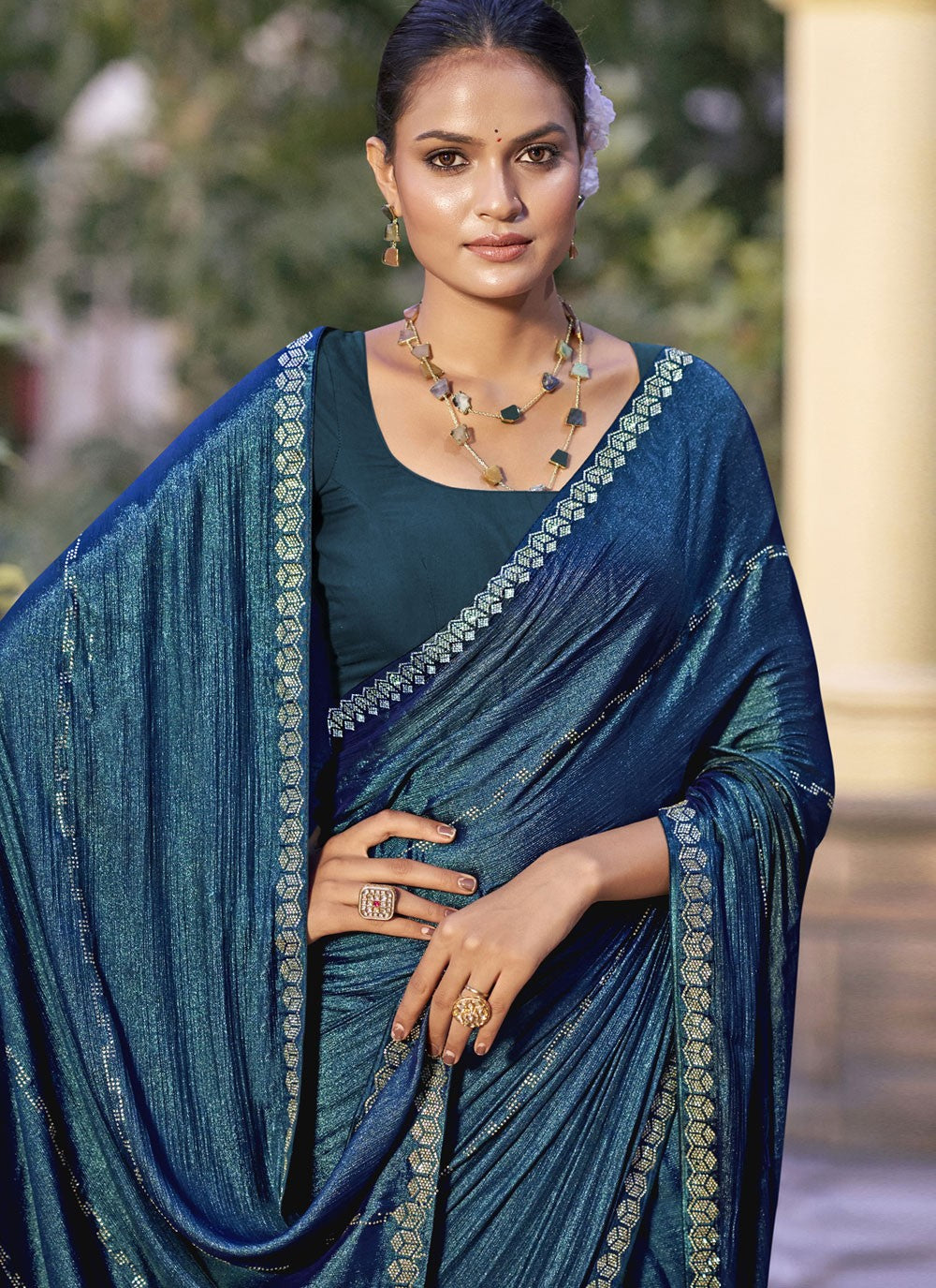 Classic Border Work Chiffon, Shimmer Saree - S9548