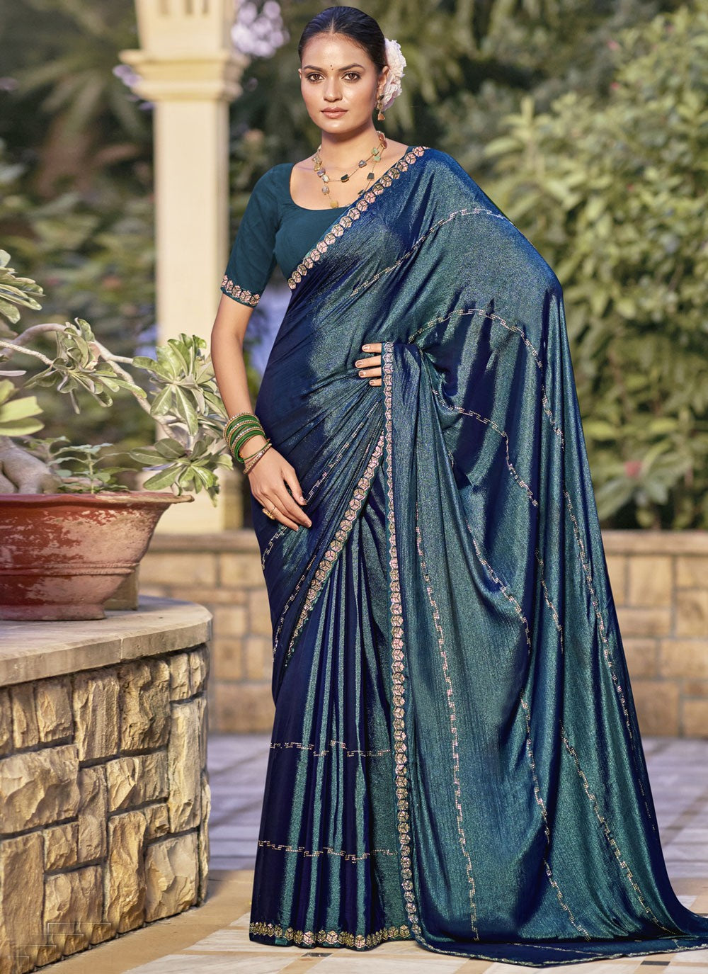 Classic Border Work Chiffon, Shimmer Saree - S9548