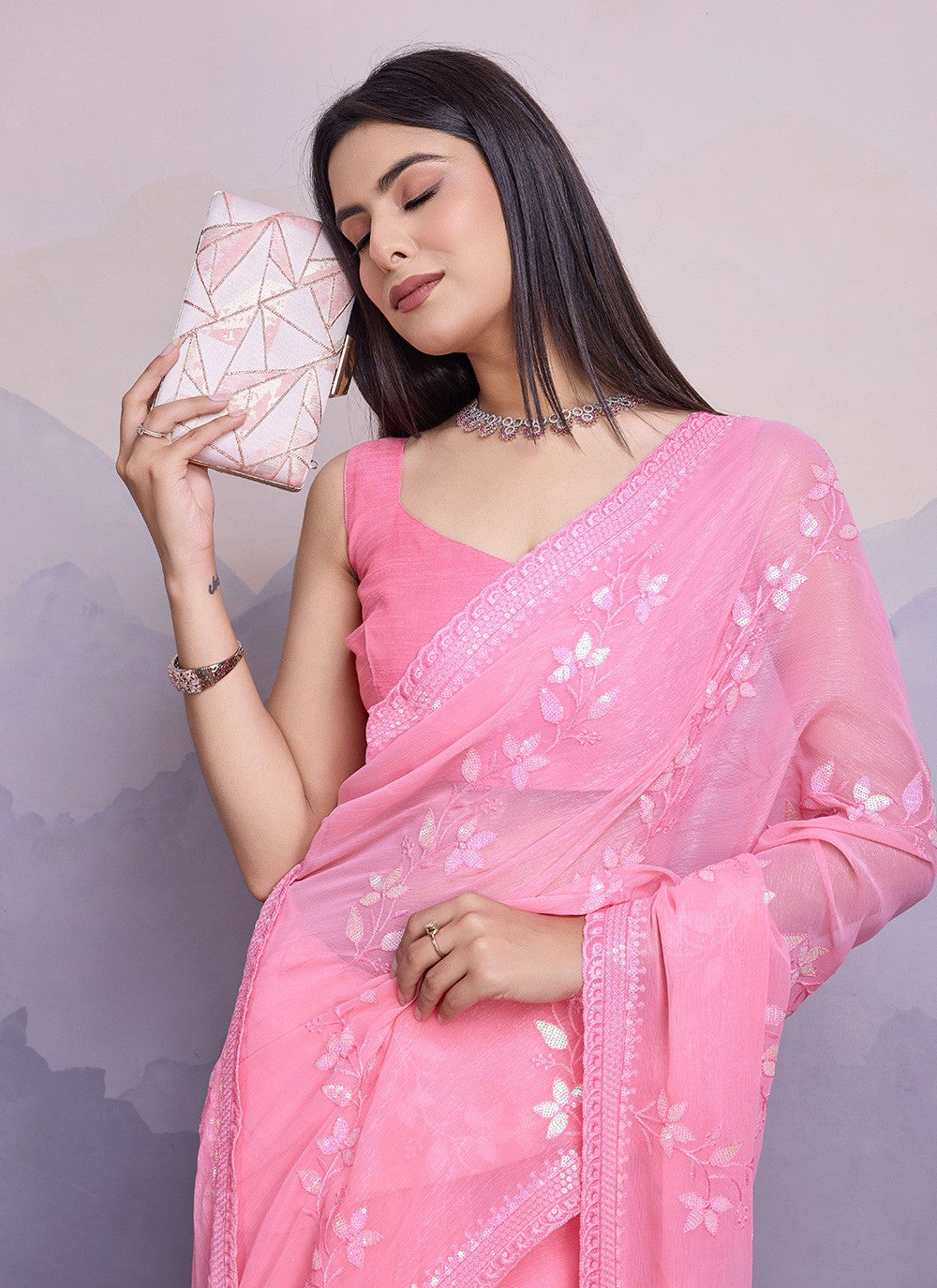 Trendy Embroidered Chiffon Saree - S8561