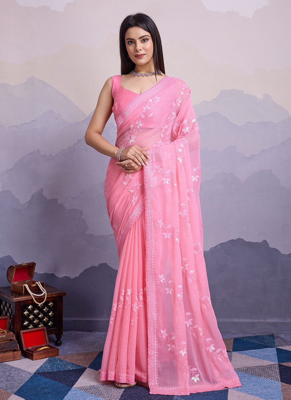 Trendy Embroidered Chiffon Saree - S8561