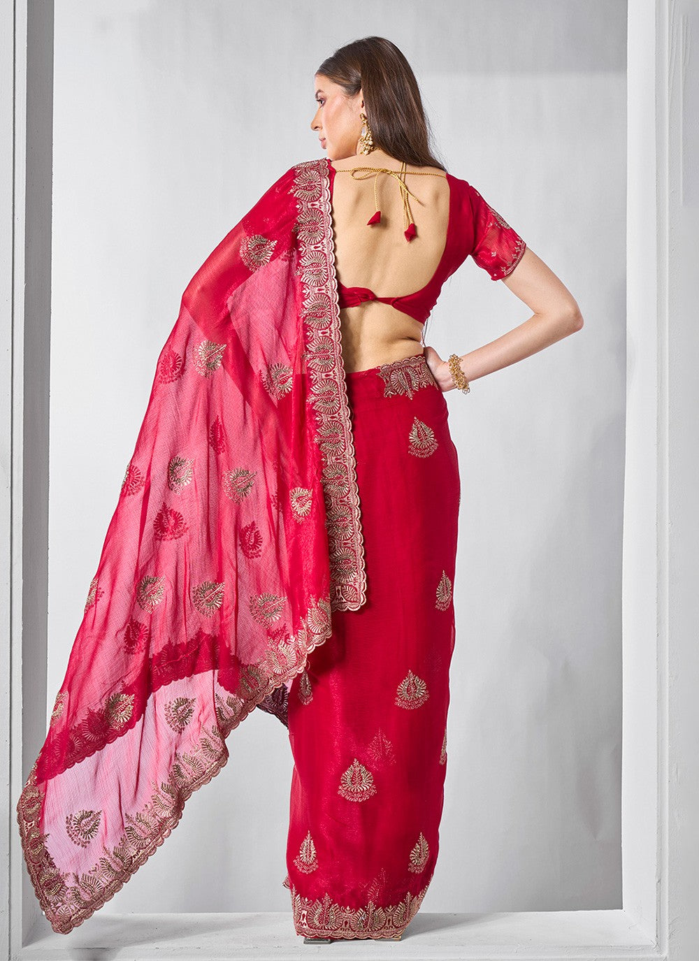 Classic Embroidered Net, Tissue Peach Saree - S10847