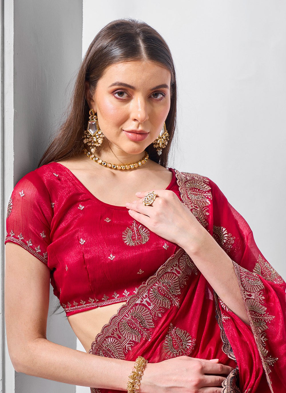 Classic Embroidered Net, Tissue Peach Saree - S10847