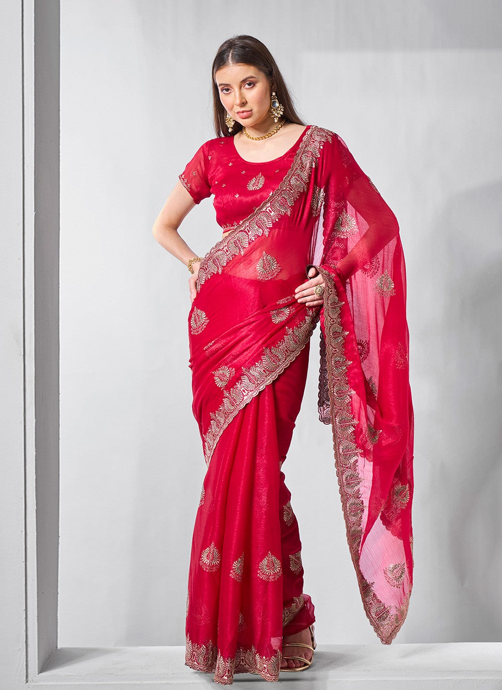 Classic Embroidered Net, Tissue Peach Saree - S10847