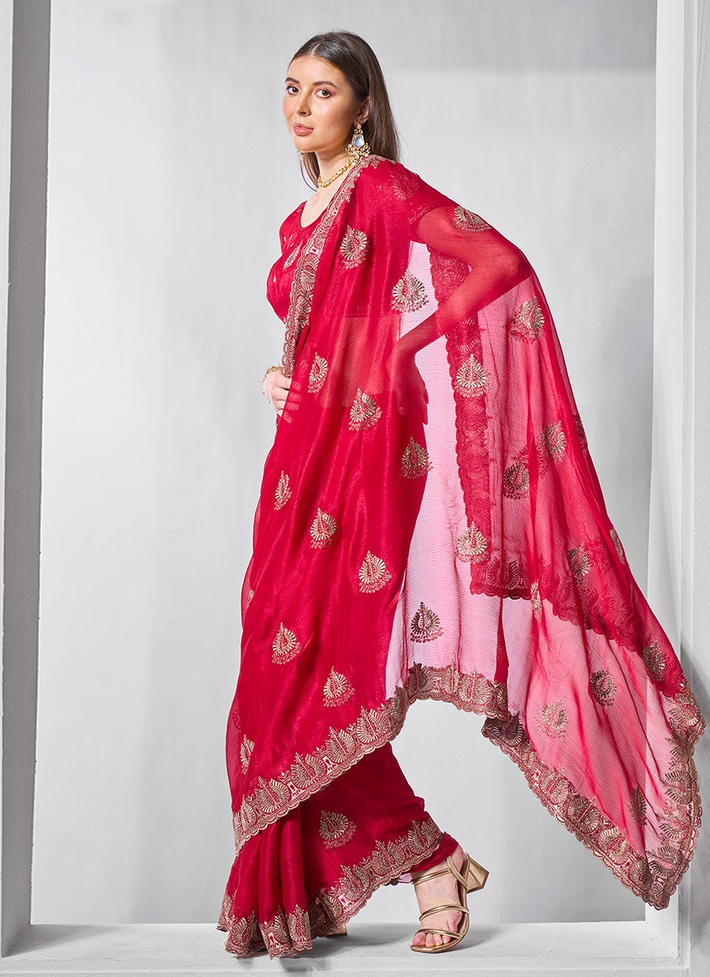 Classic Embroidered Net, Tissue Peach Saree - S10847