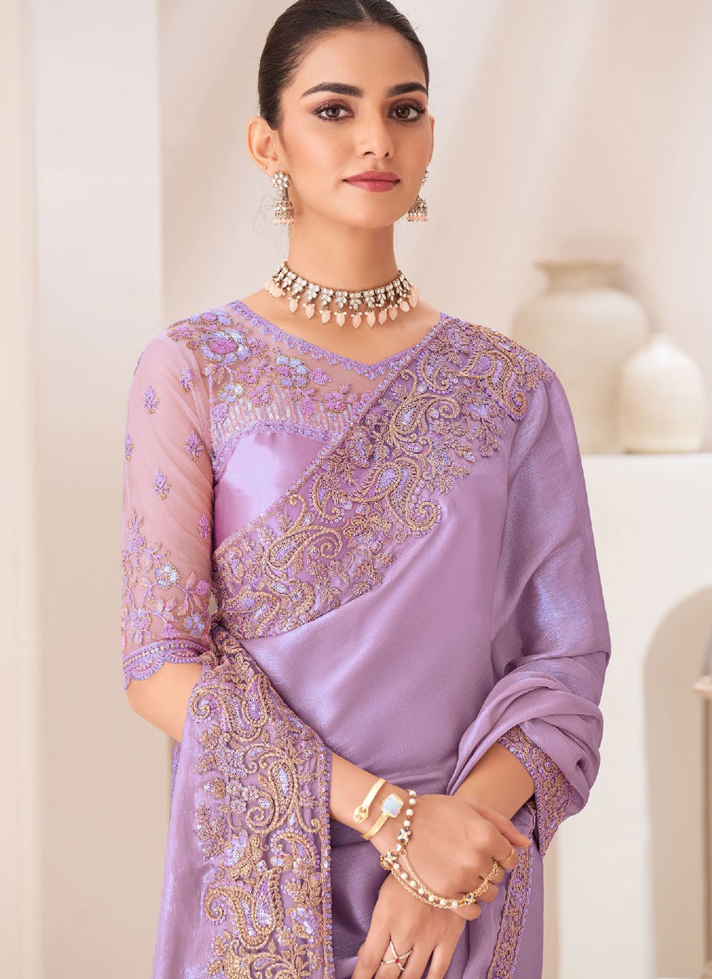 Classic Border Work Chiffon Satin Lavender Saree - S10727