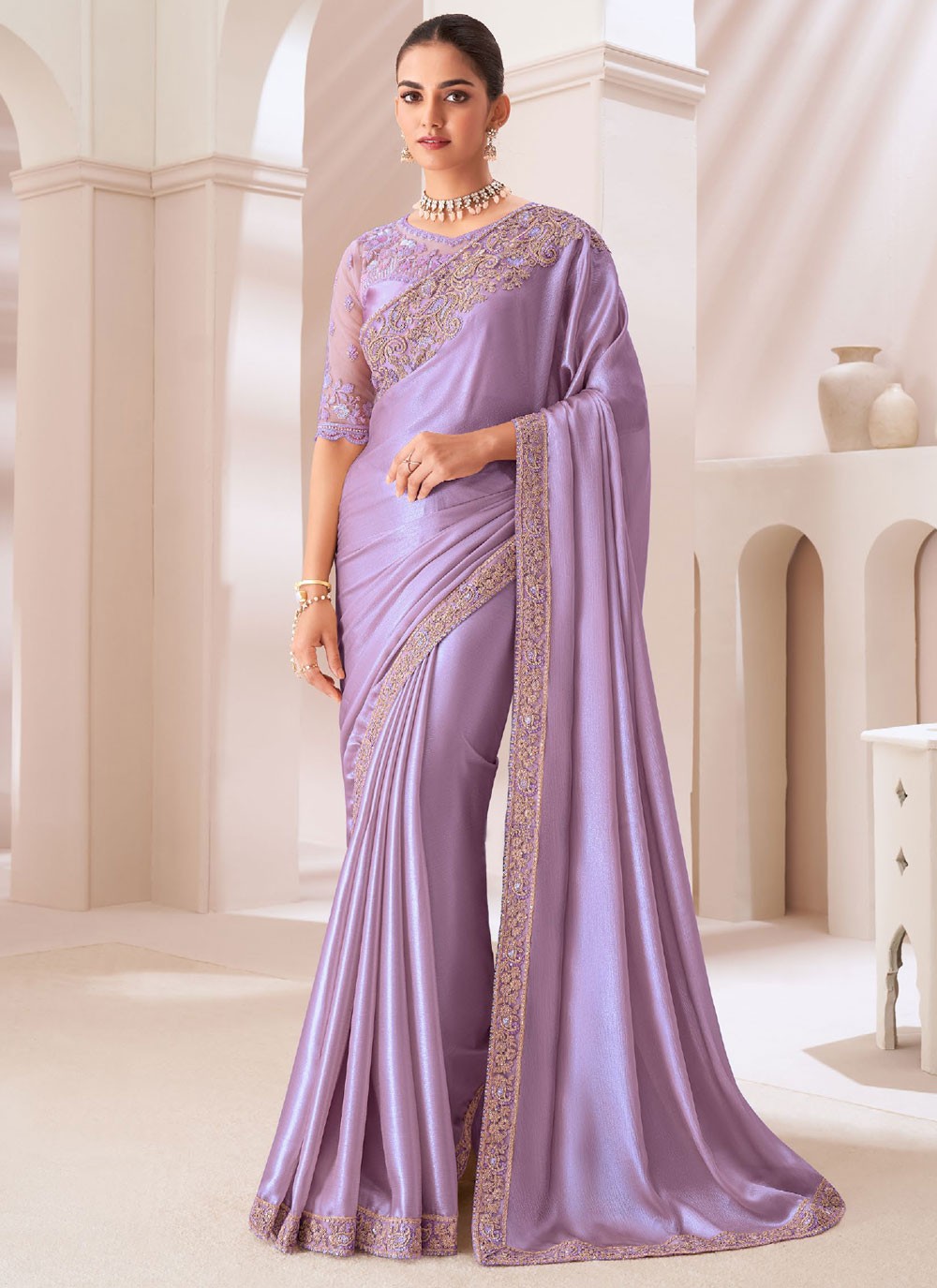 Classic Border Work Chiffon Satin Saree - S10557