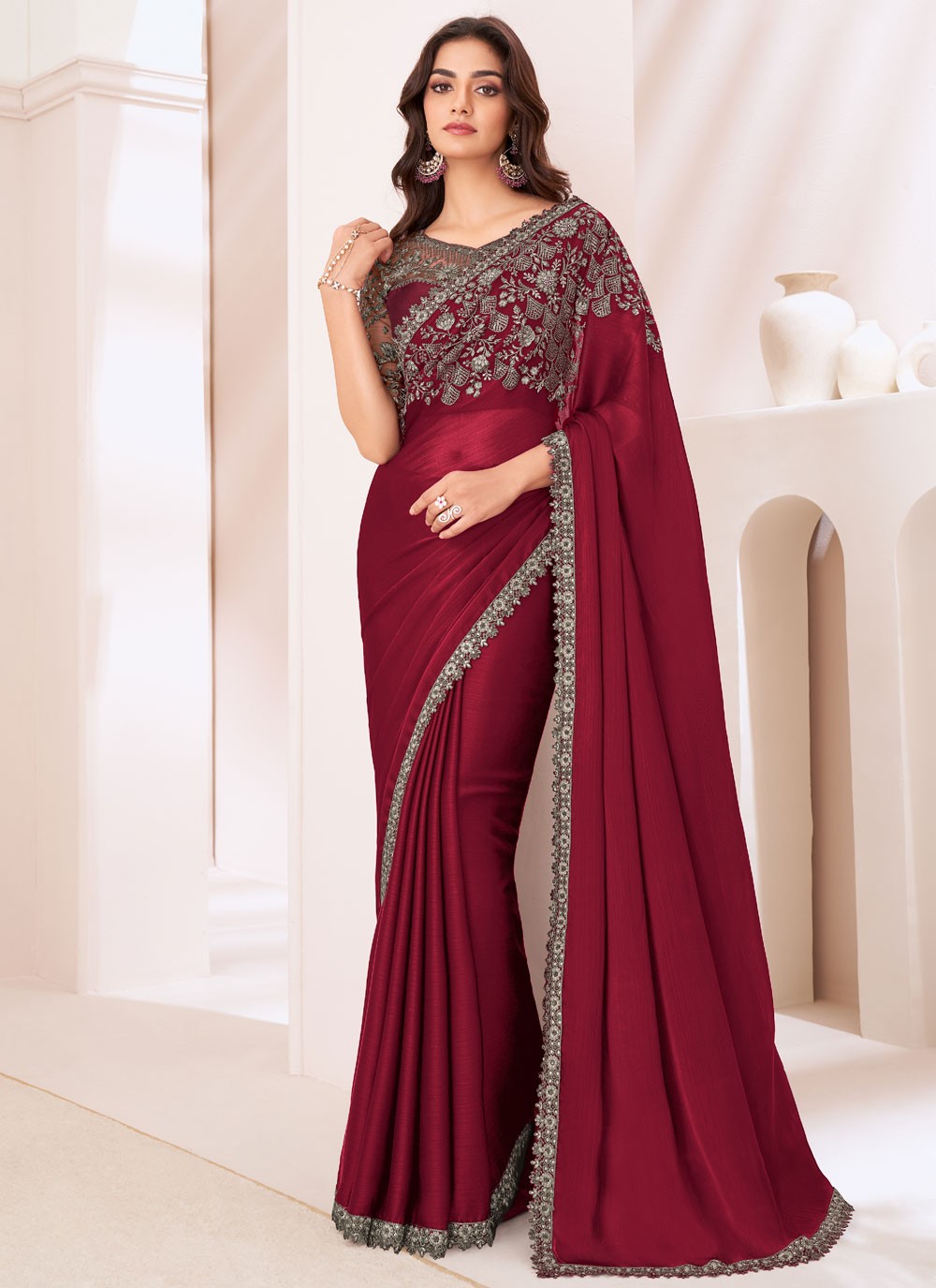 Contemporary Embroidered Chiffon Satin Morpeach Saree - S11239