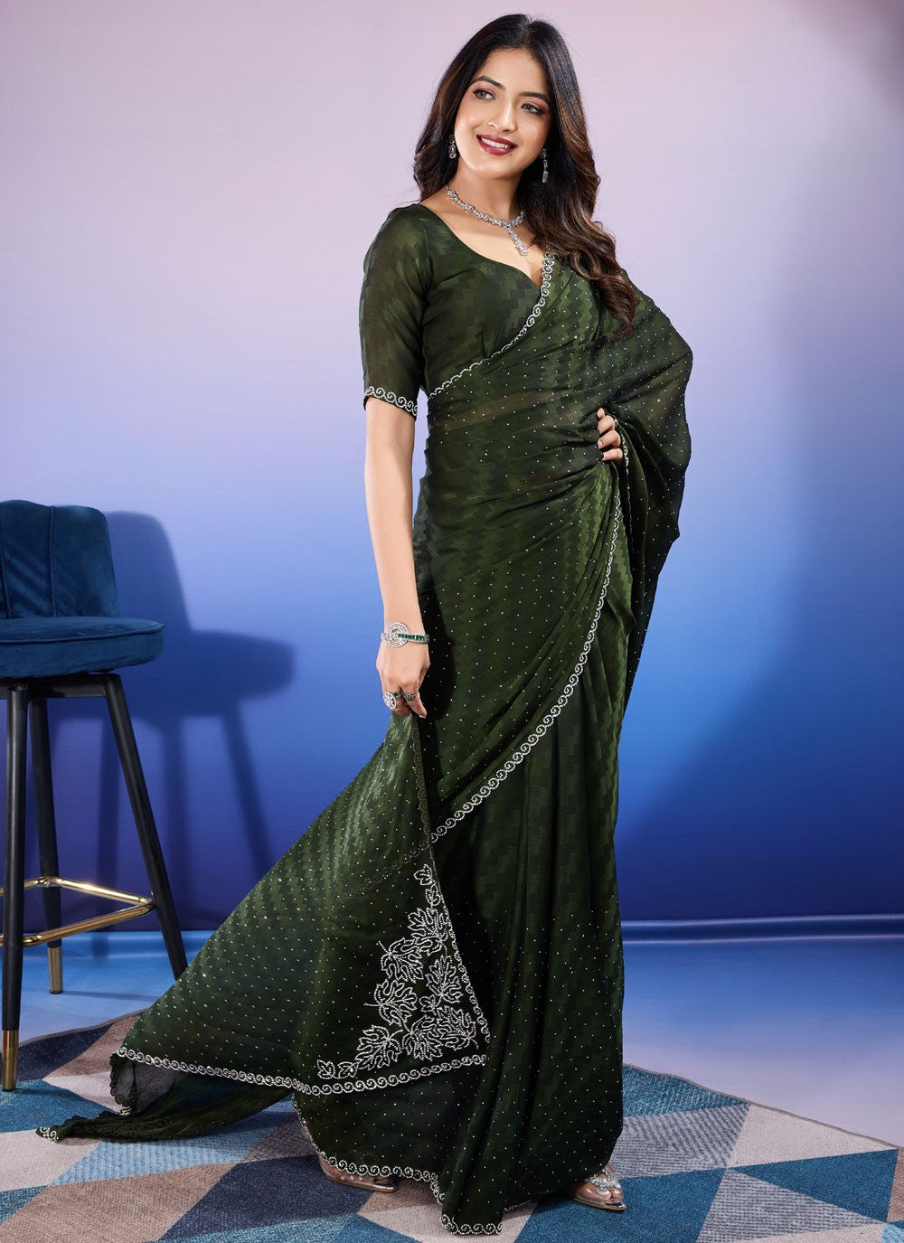 Classic Dimond Chiffon Satin Saree - S9676