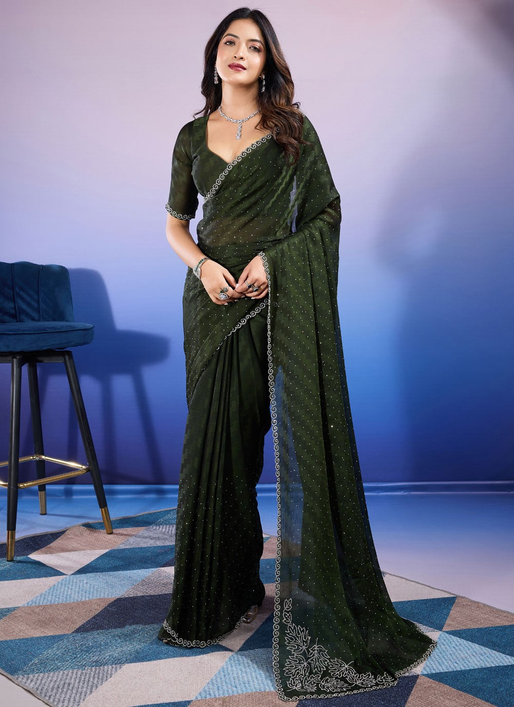 Classic Dimond Chiffon Satin Saree - S9676