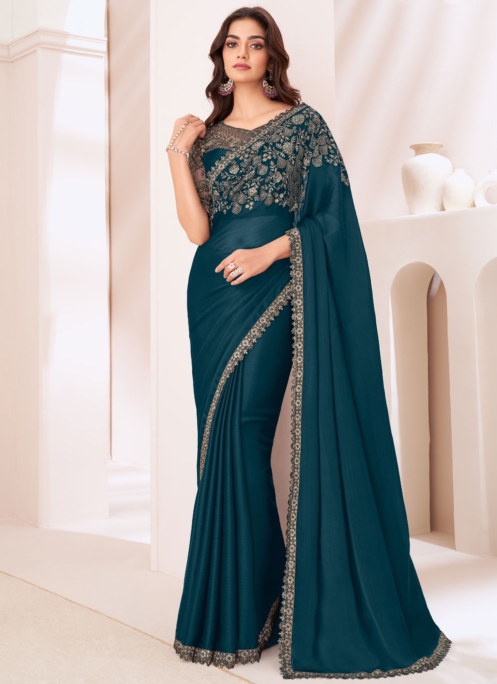 Embroidered Chiffon Satin Trendy Saree - M9363