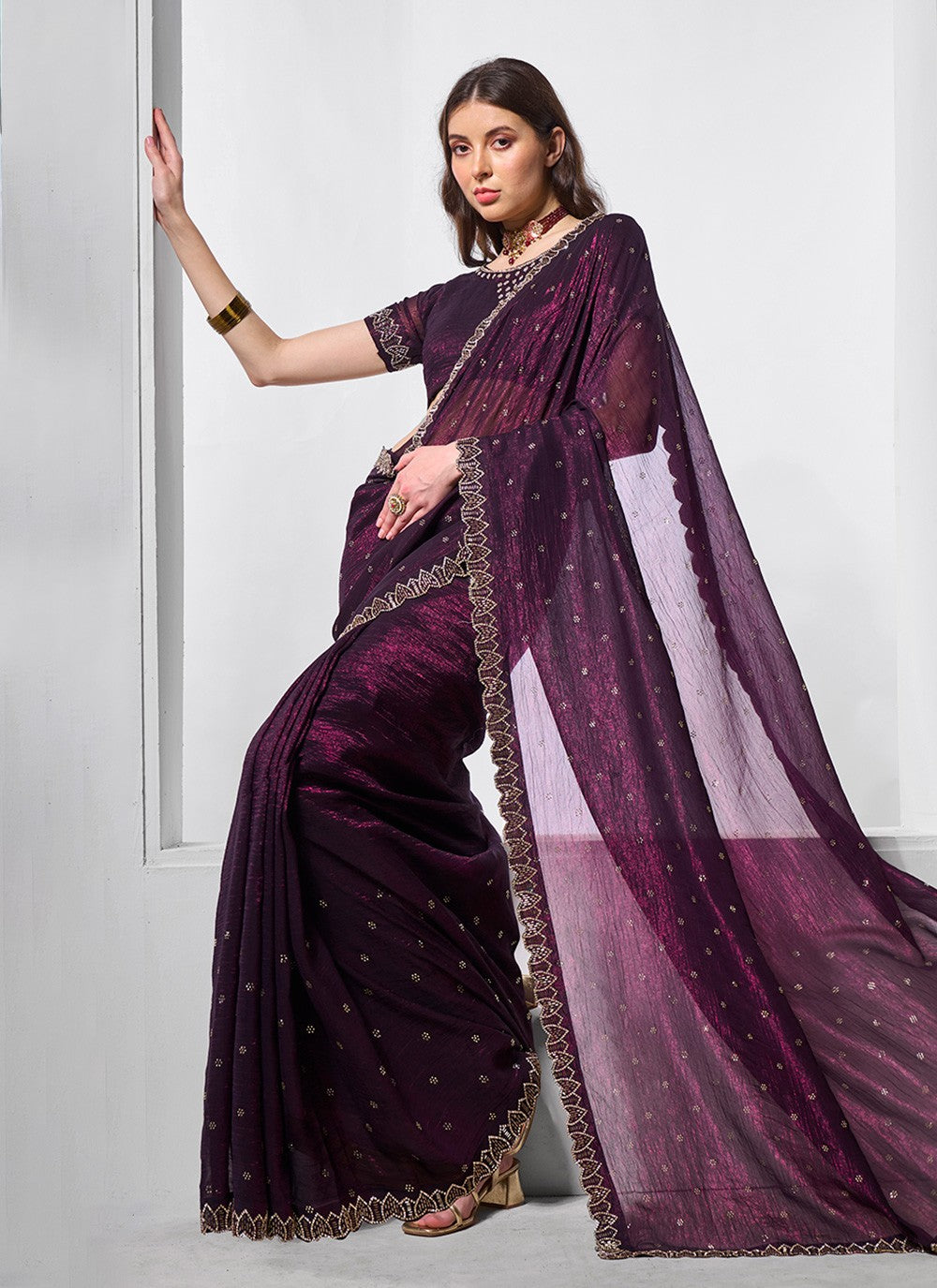 Classic Embroidered Net, Tissue Peach Saree - S10847