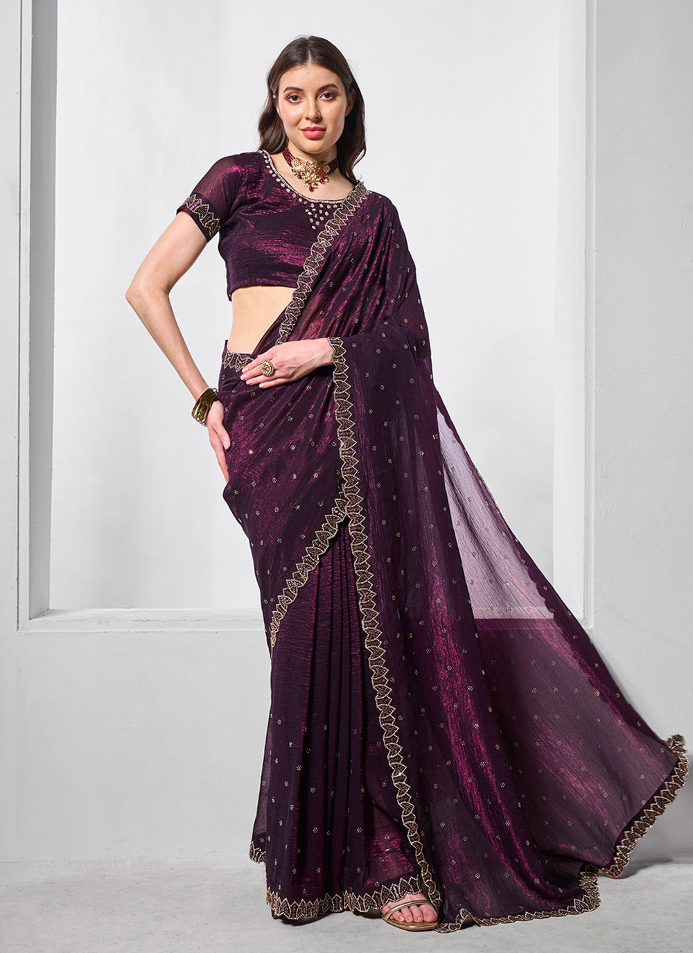 Classic Embroidered Net, Tissue Peach Saree - S10847