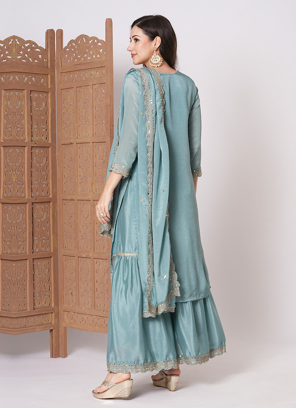 Embroidered Chinon Palazzo Suit - T4485