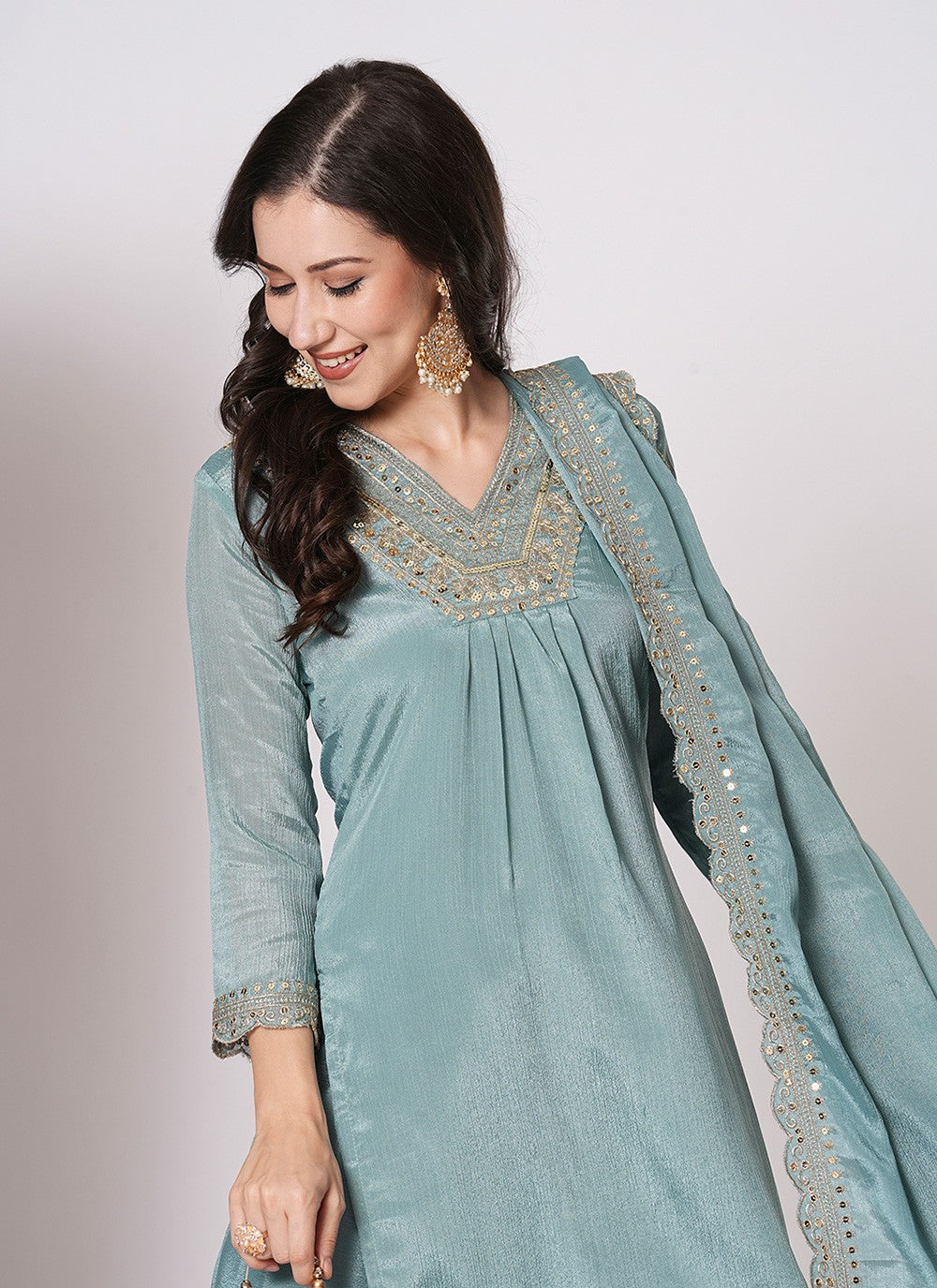 Embroidered Chinon Palazzo Suit - T4485