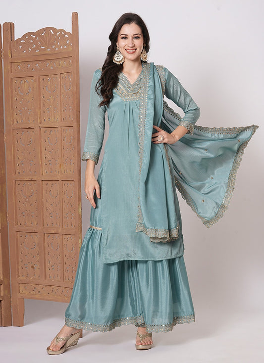 Embroidered Chinon Palazzo Suit - T4485