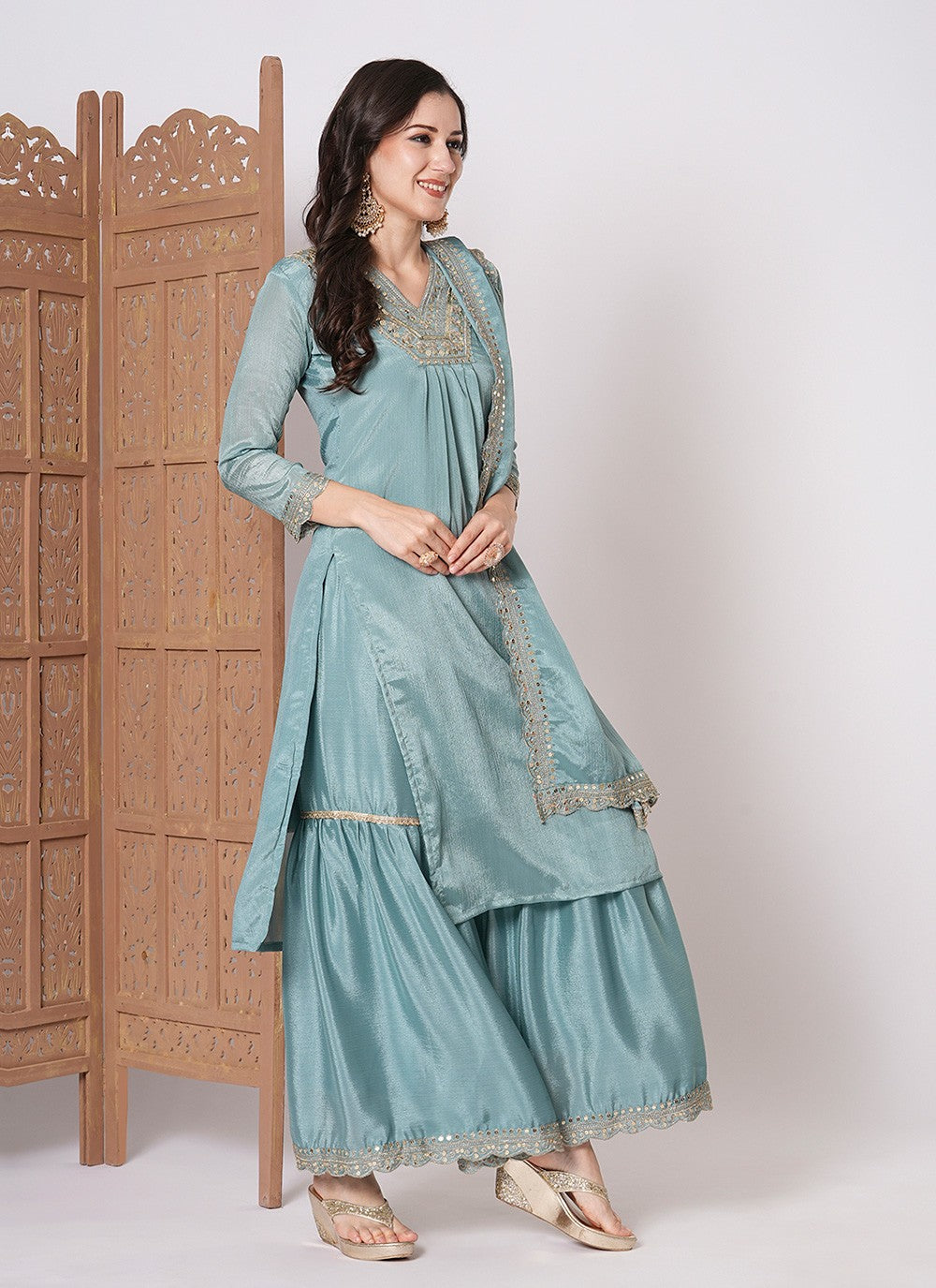 Embroidered Chinon Palazzo Suit - T4485