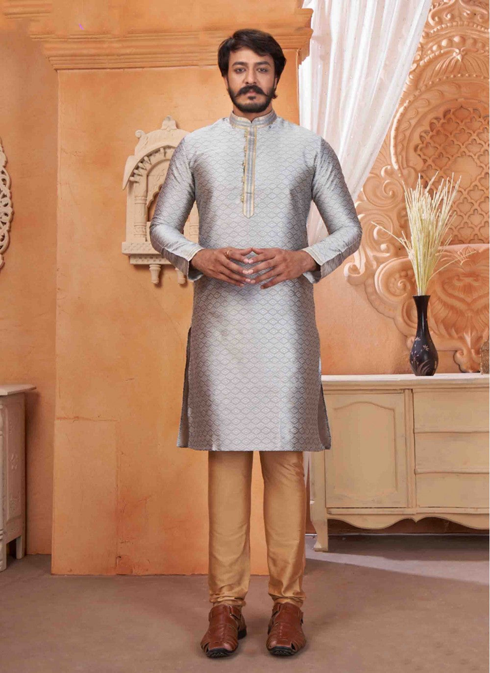 Embroidered Chinon Grey Kurta Pyjama - M1835