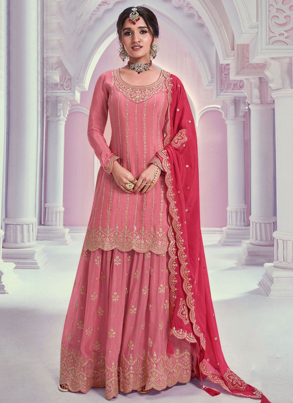 Embroidered Chinon Palazzo Suit - T4696