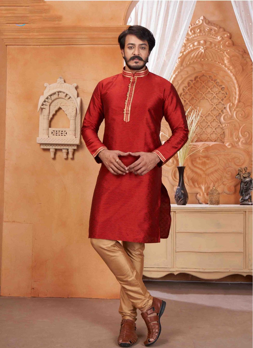 Embroidered Chinon Red Kurta Pyjama - M1837