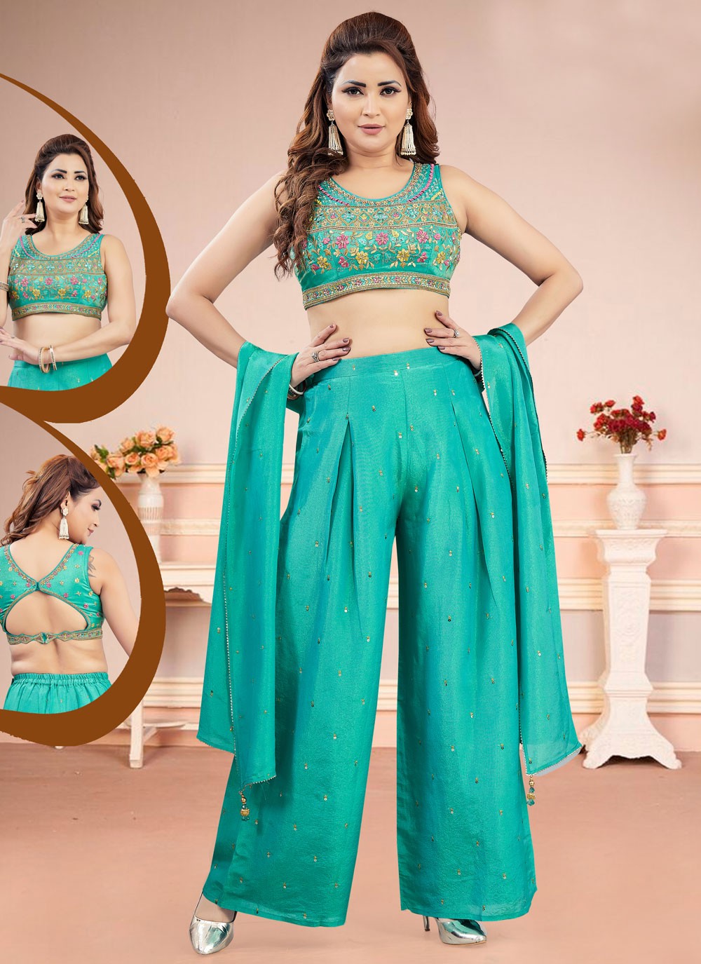 Embroidered Chinon Palazzo Suit - T4590