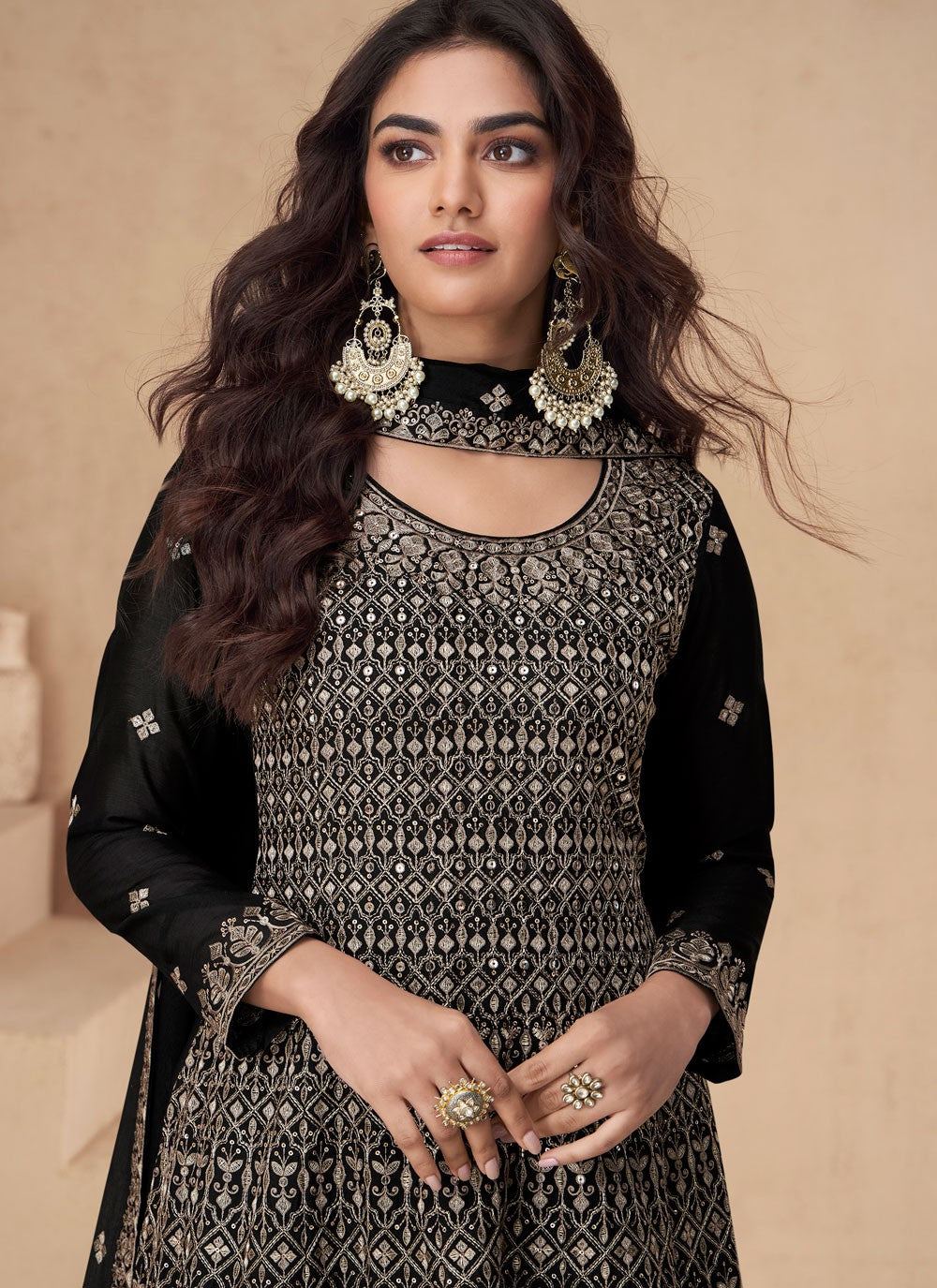 Embroidered Chinon Palazzo Suit - T4435