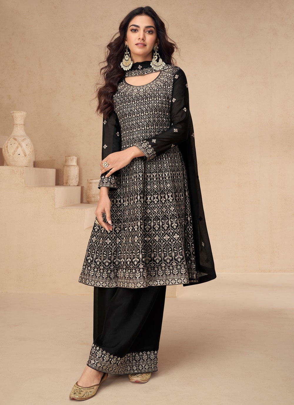 Embroidered Chinon Palazzo Suit - T4435