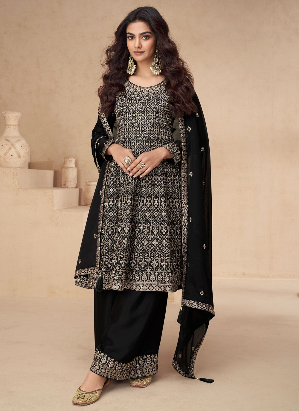 Embroidered Chinon Palazzo Suit - T4435