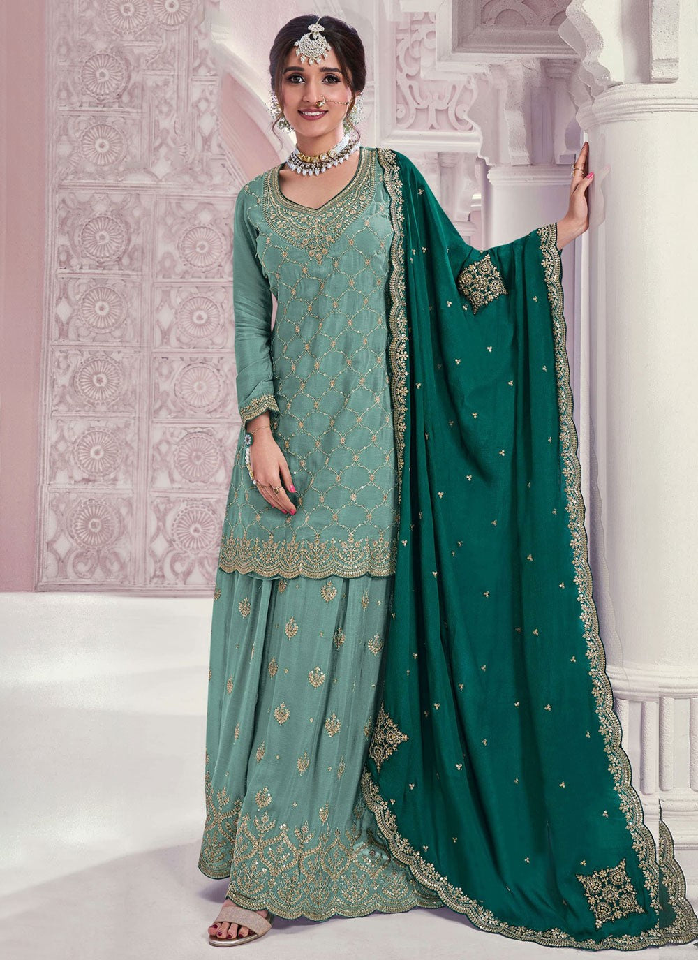 Embroidered Chinon Palazzo Suit - T4696