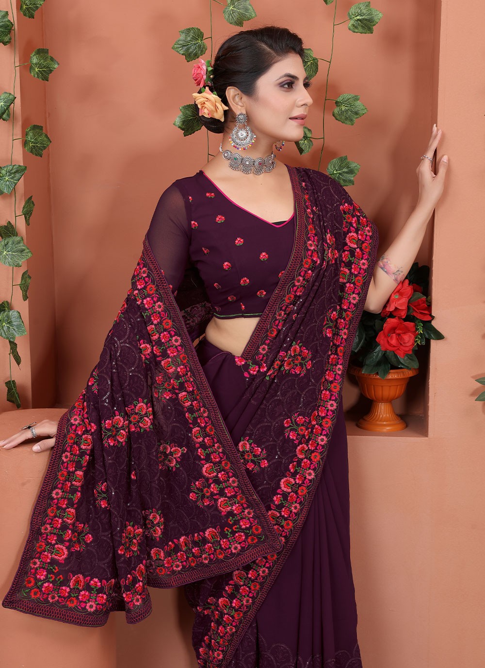 Traditional Embroidered Georgette Saree - S1701