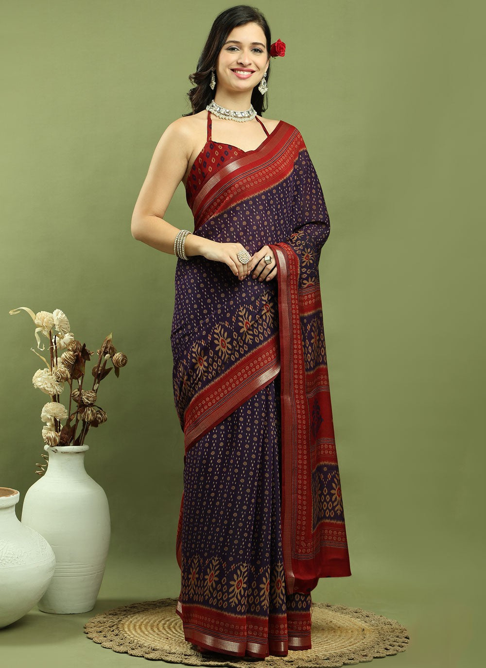 Classic Border Work Silk Blend Saree - S9786