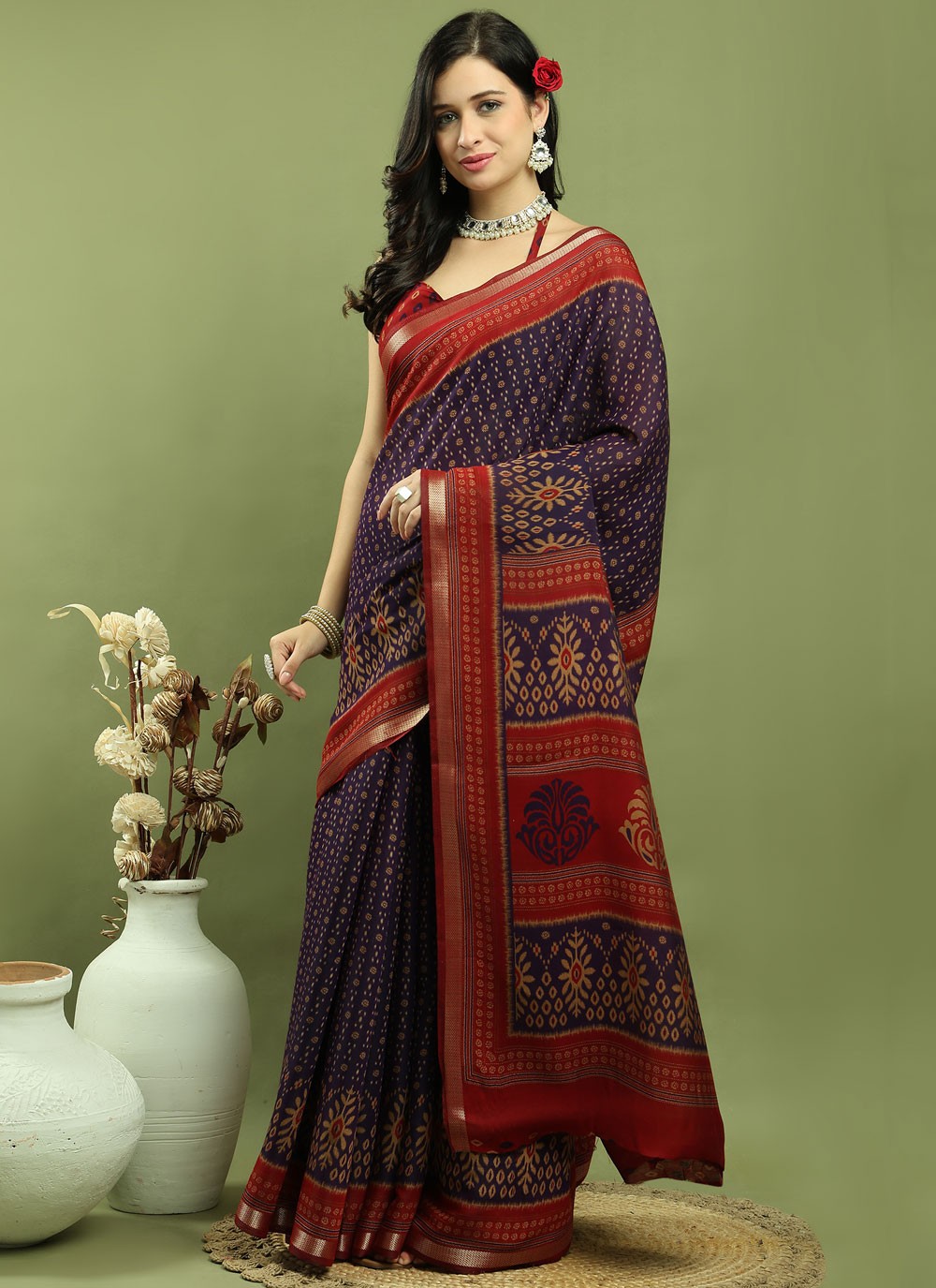 Classic Border Work Silk Blend Saree - S9786