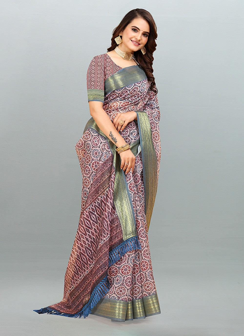 Saree Digital Print Cotton , Jacquard Saree - S3182