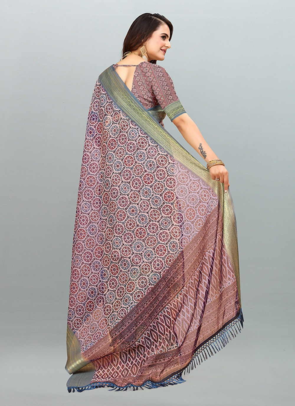 Saree Digital Print Cotton , Jacquard Saree - S3182