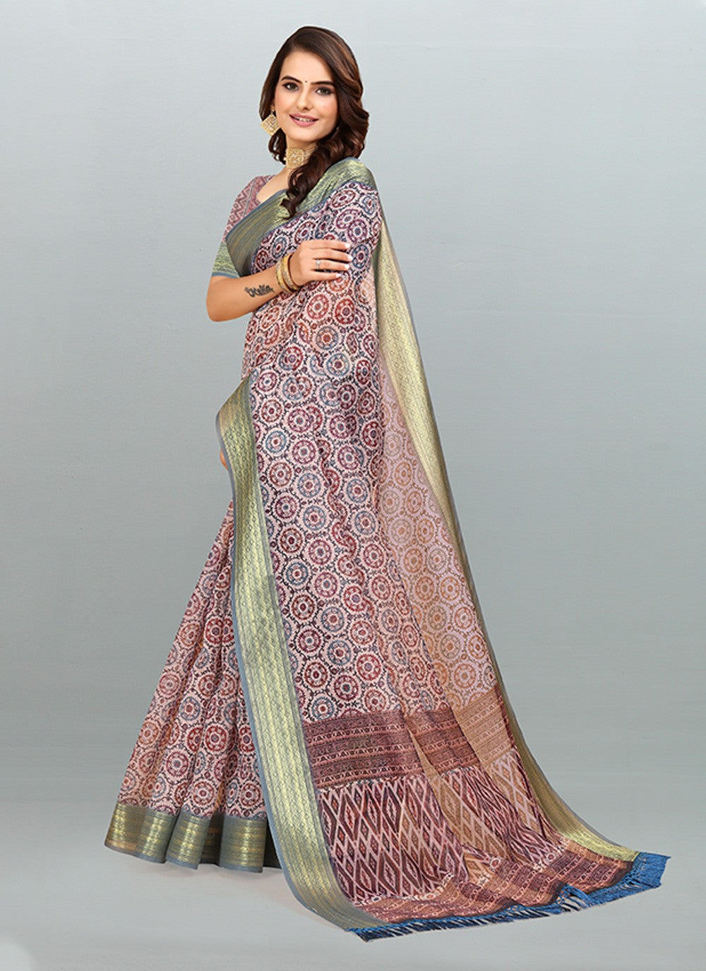 Saree Digital Print Cotton , Jacquard Saree - S3182