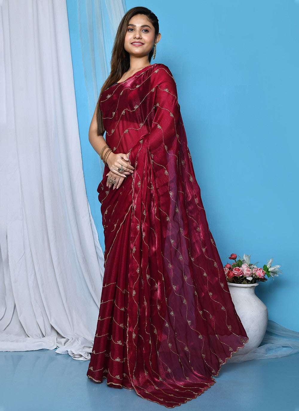 Contemporary Embroidered Silk Saree - S3349