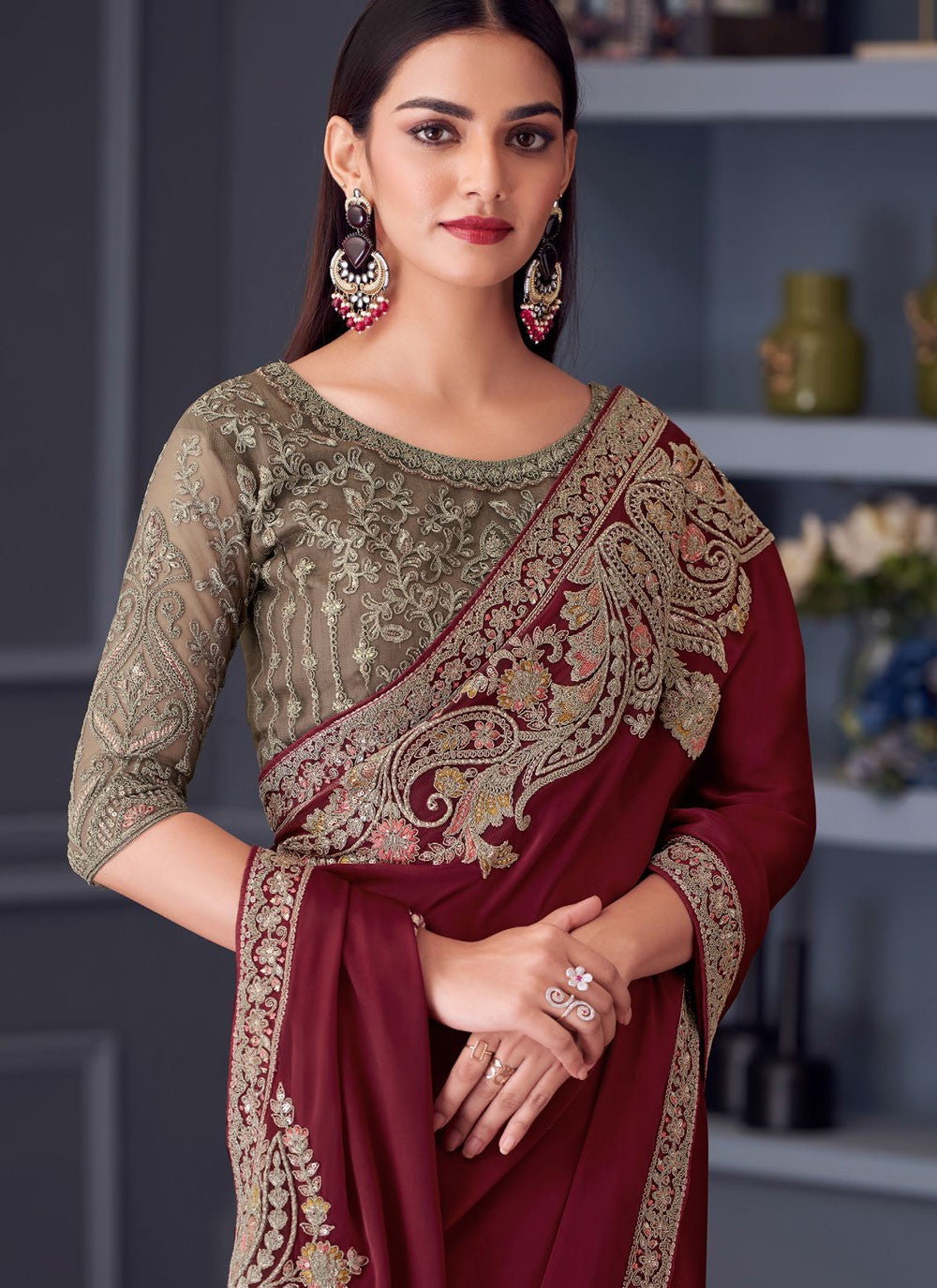 Classic Embroidered Satin Silk Saree - S8745