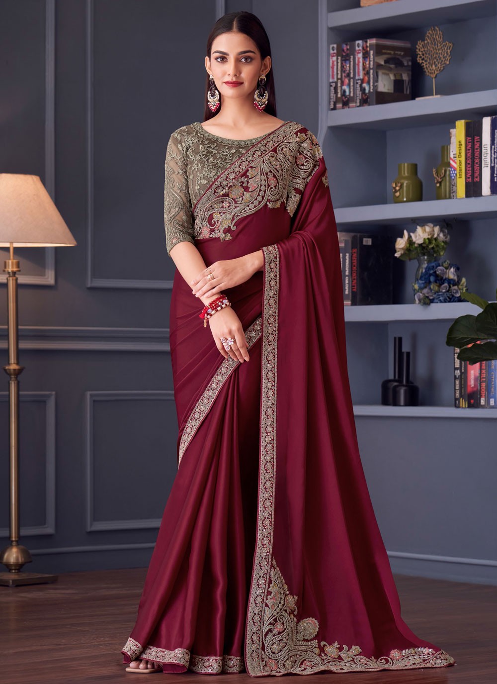 Classic Embroidered Satin Silk Saree - S8745