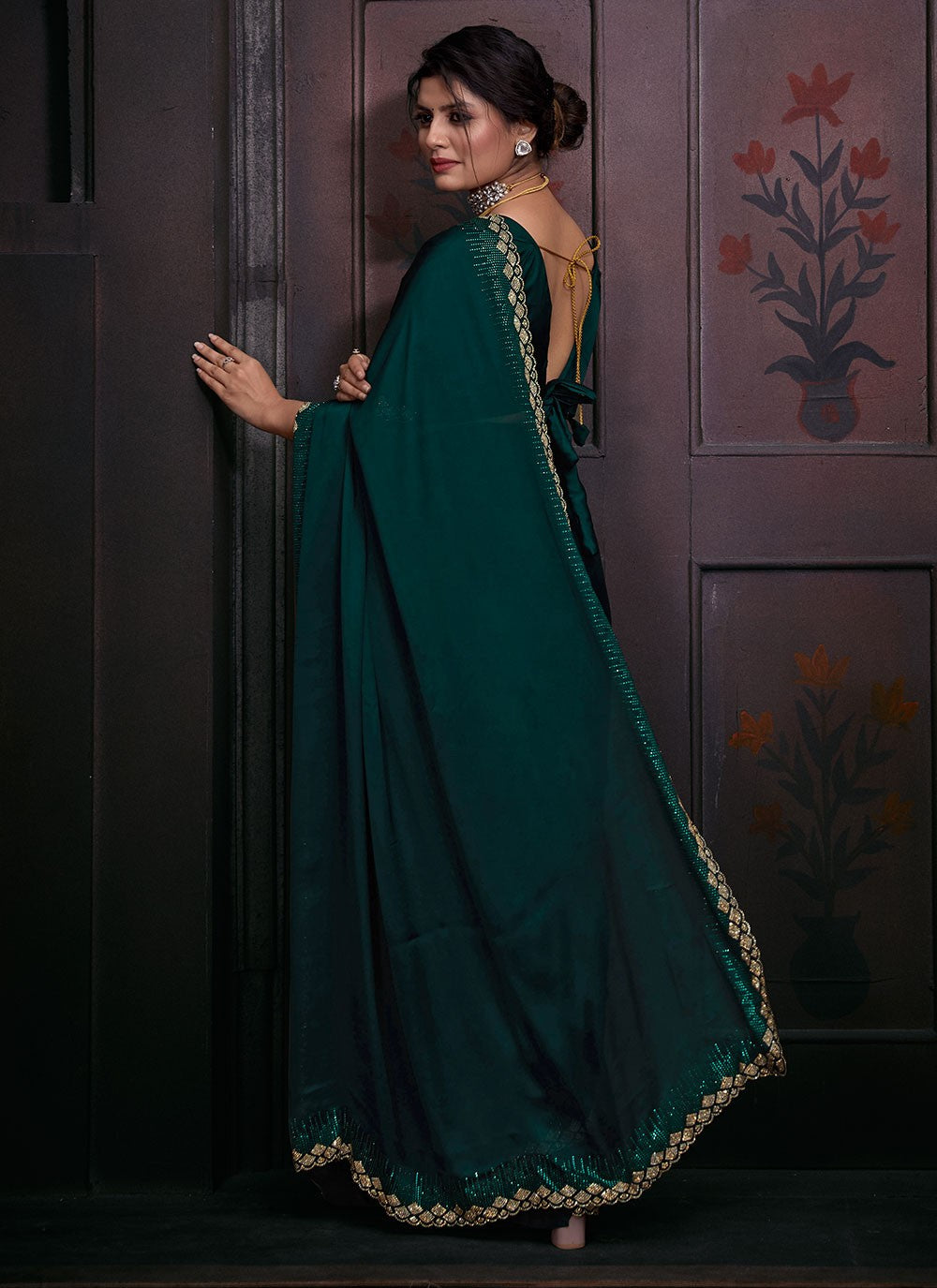 Classic Hand Embroidery Georgette Satin Saree - S5882