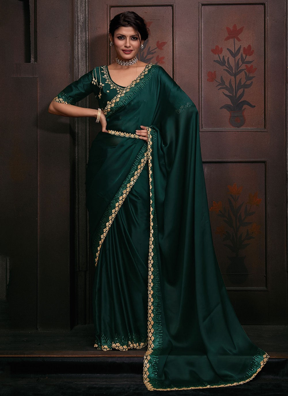 Classic Hand Embroidery Georgette Satin Saree - S5882