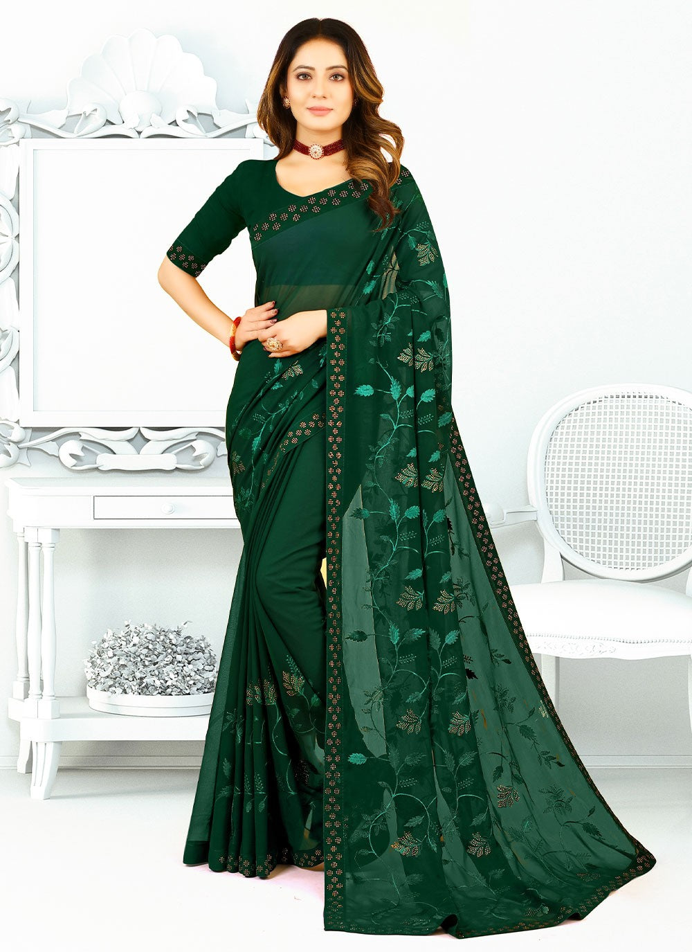 Contemporary Border Work Georgette, Silk Saree - S2671