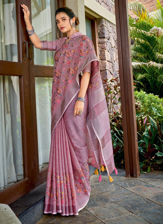 Classic Embroidered Linen Saree - S1503