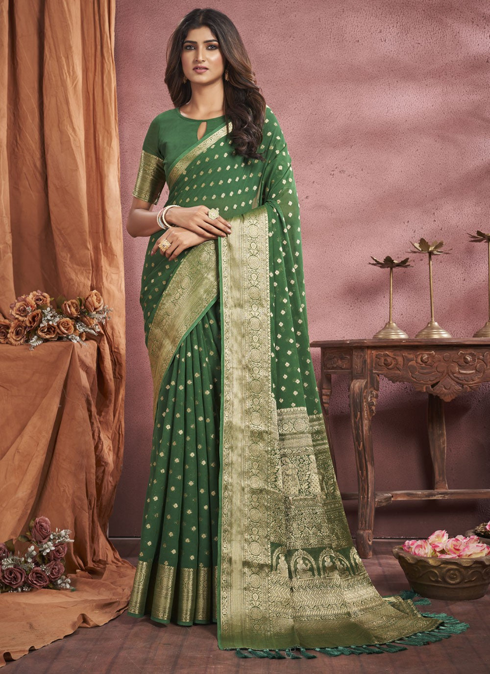 Saree Weaving Zari Georgette, Viscose Saree - S4190