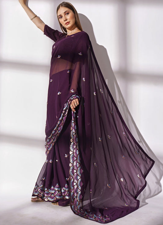 Classic Embroidered Georgette Purple Saree - S10850