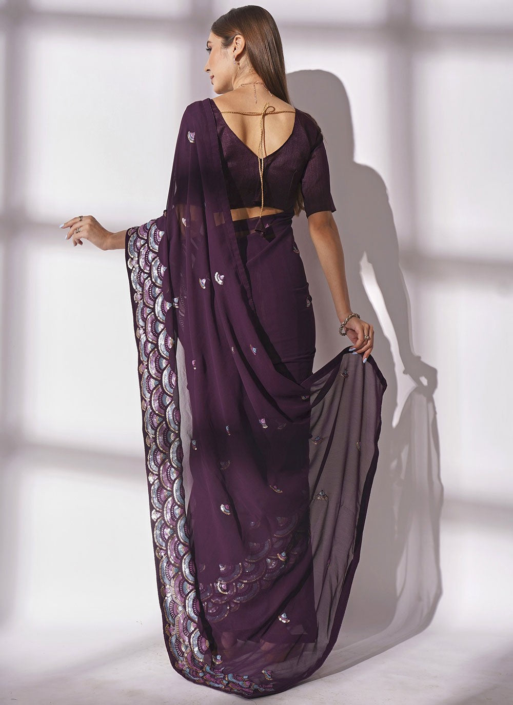 Classic Embroidered Georgette Purple Saree - S10850